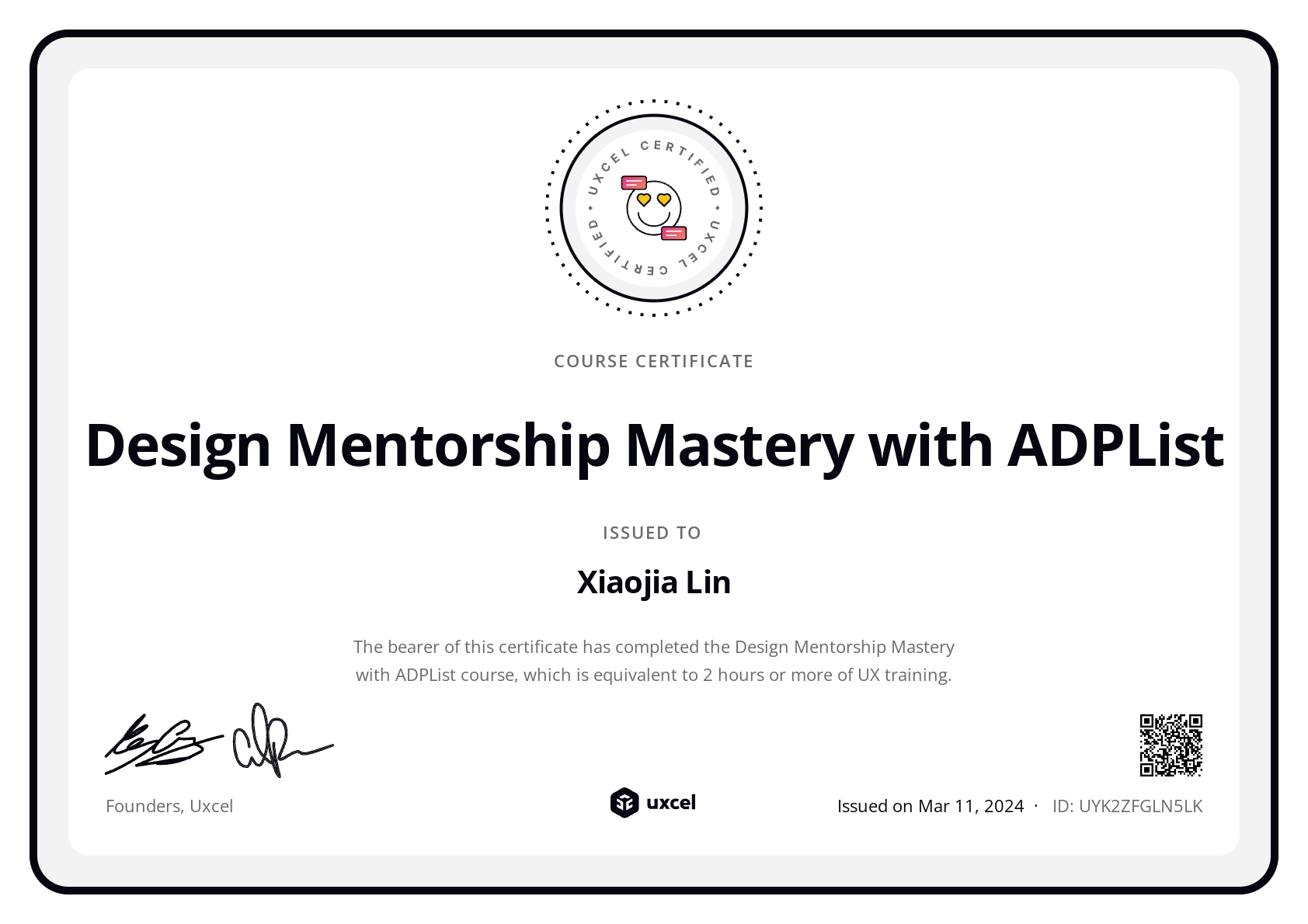 Jessica Xiaojia Lin's certificate